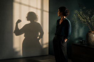 Eine Frau wendet sich ihrem eigenen Schatten zu – Symbol für bewusste Schattenarbeit und Integration